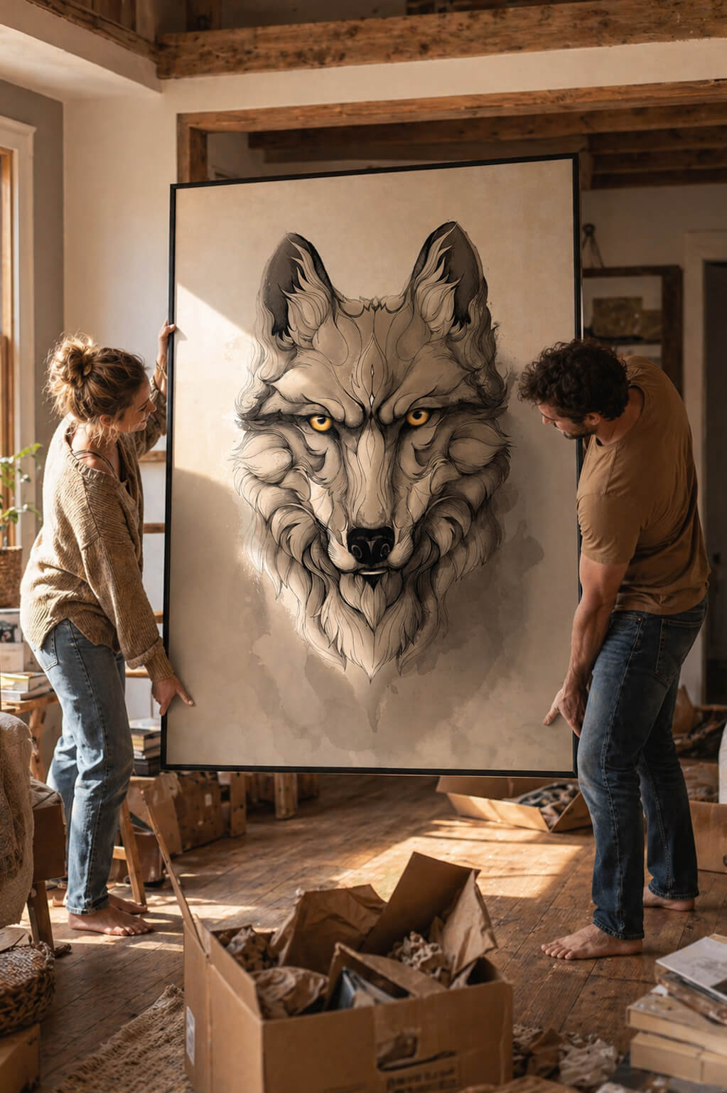 Large wolf wall art above sofa, A0 framed print in modern living room, neutral home decor, oversized animal wall art for USA homes