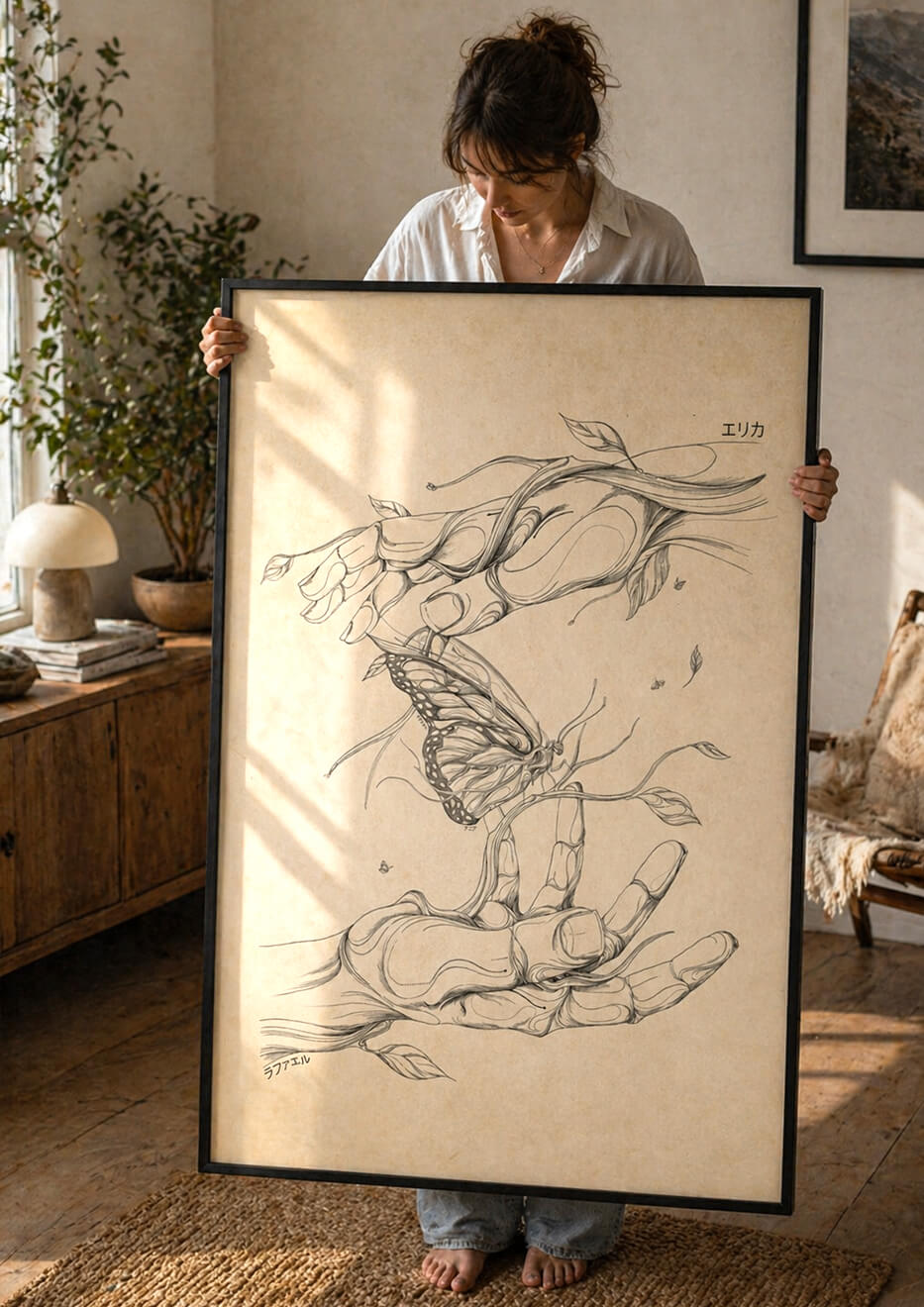 Woman holding large butterfly wall art print A0 size, real scale comparison in home interior