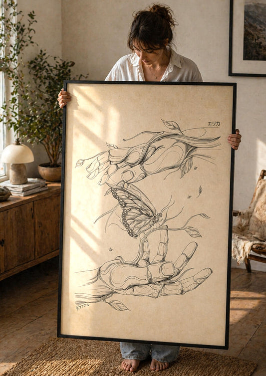 Woman holding large butterfly wall art print A0 size, real scale comparison in home interior