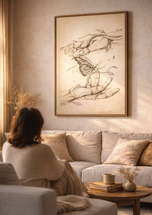 Large butterfly wall art above sofa in neutral living room, woman sitting and looking at framed artwork, modern home decor