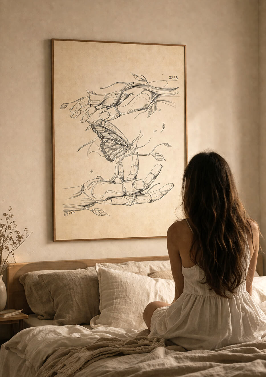 Large butterfly wall art above bed in neutral bedroom, woman sitting and looking at artwork, calm minimalist home decor
