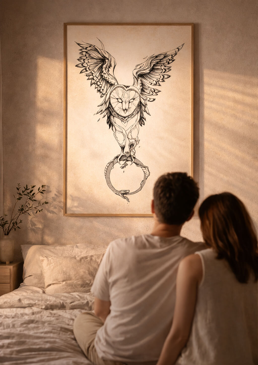 Large owl wall art above bed in warm minimal bedroom, couple sitting and looking at artwork, calming and introspective interior decor