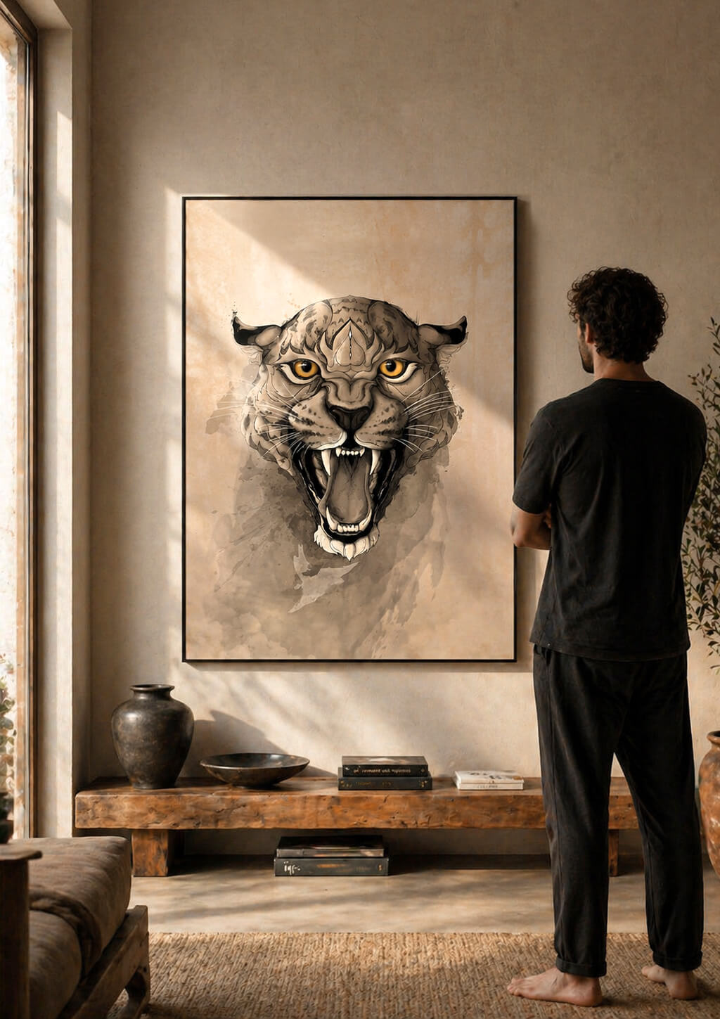 Large A0 leopard wall art with person standing in front, realistic scale comparison, modern neutral interior with natural light