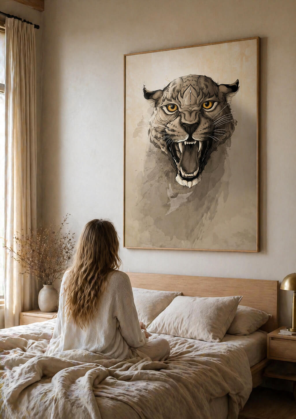 Leopard wall art above bed in warm neutral bedroom, large framed print A0 size, cozy modern interior design