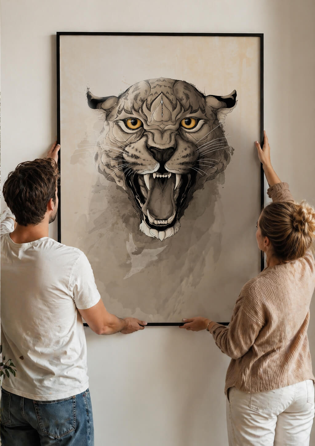Couple hanging large leopard wall art on wall, realistic A0 size framed print, modern neutral home interior, real scale reference