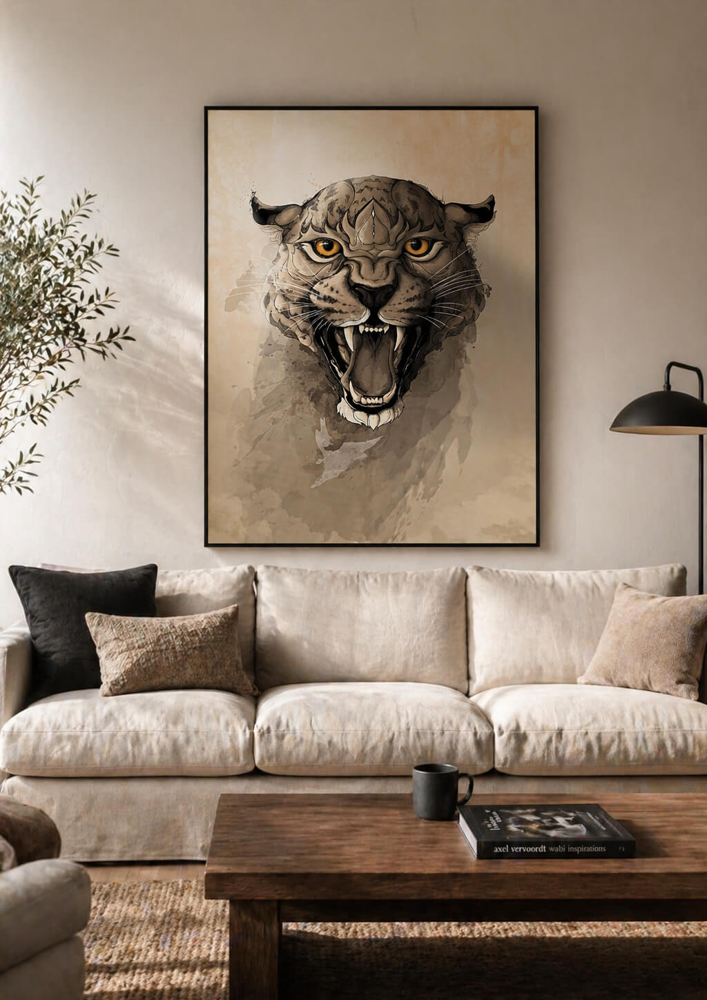 Large leopard wall art above sofa in modern neutral living room, beige tones, A0 size framed print, minimalist home decor USA