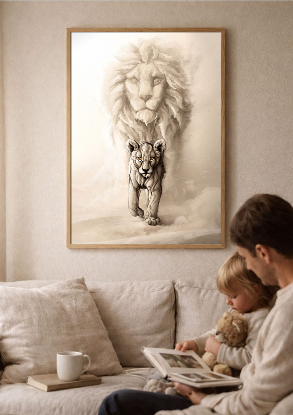 large lion wall art print above sofa in warm living room with family, neutral home decor