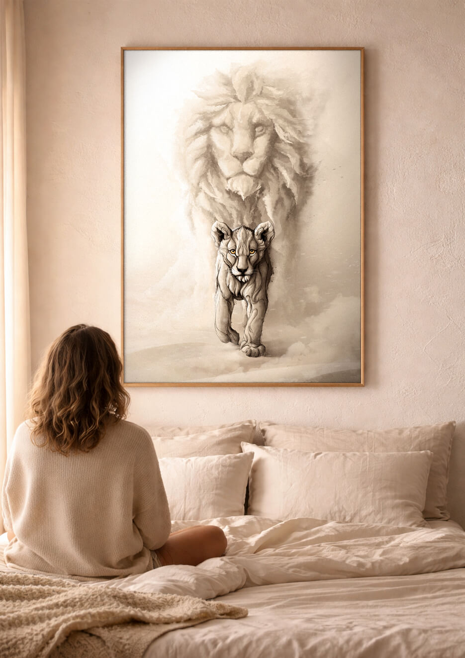 large lion wall art print above bed in warm neutral bedroom, fine art print modern home decor