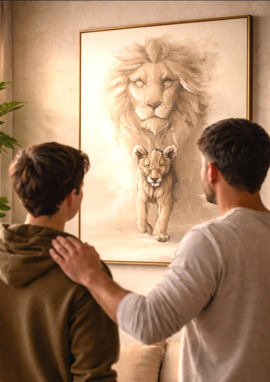lion wall art print in living room with father and son, emotional family home decor