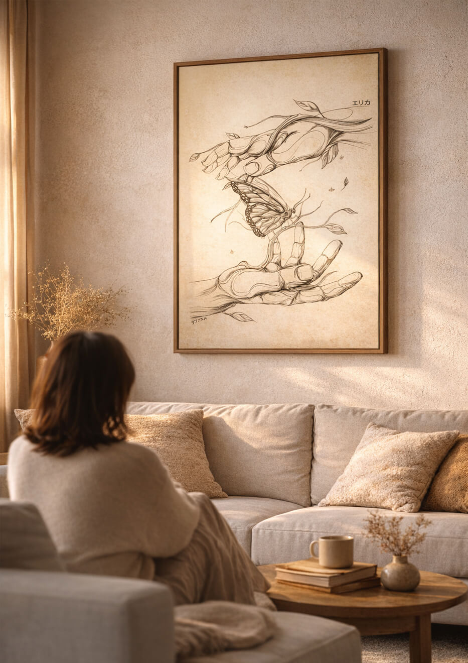 Living room wall art above sofa with butterfly and hands fine art print, warm neutral home decor with cozy atmosphere