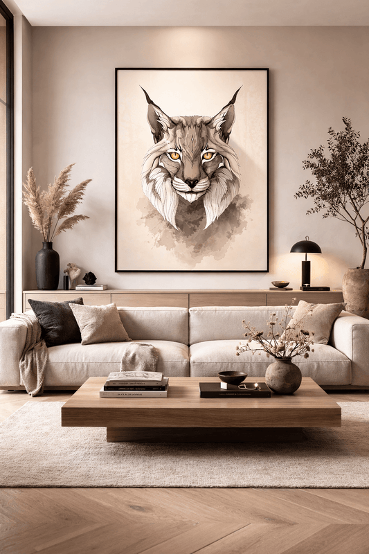 Framed lynx wall art print with golden eyes in contemporary home decor