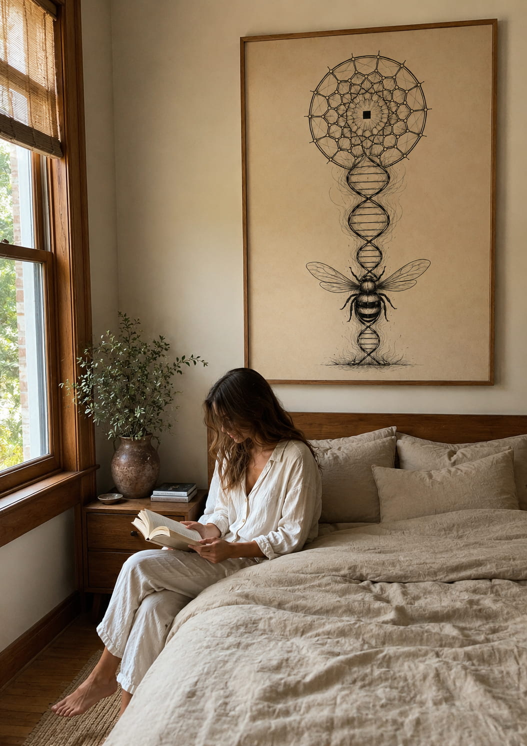 Meaningful bee and DNA wall art above bed in calm bedroom, symbolic artwork for peaceful interiors