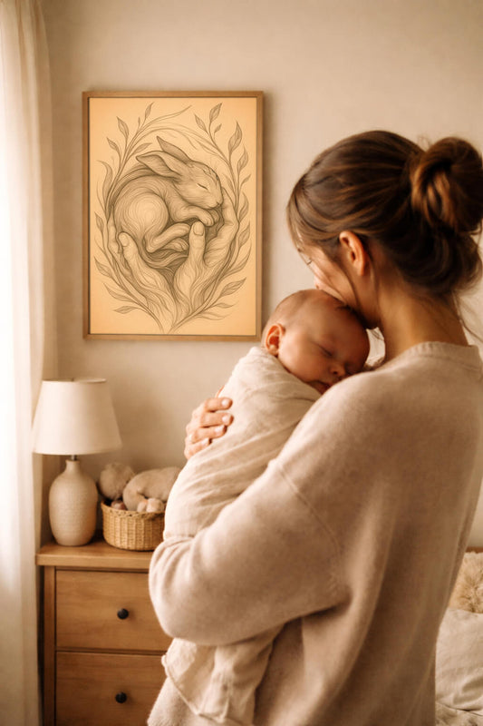 mother holding newborn baby in nursery with animal protection wall art in background, meaningful gift for new mom
