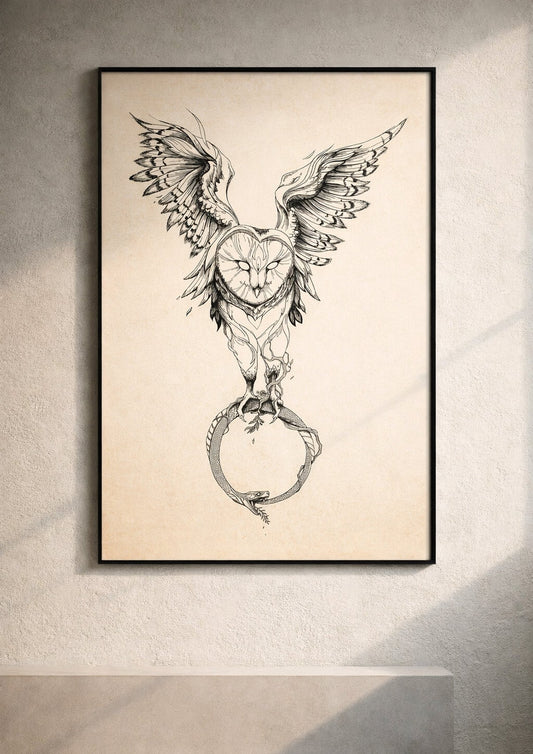 Minimal owl wall art in black frame on textured wall, large statement print with clean architectural interior and soft natural light