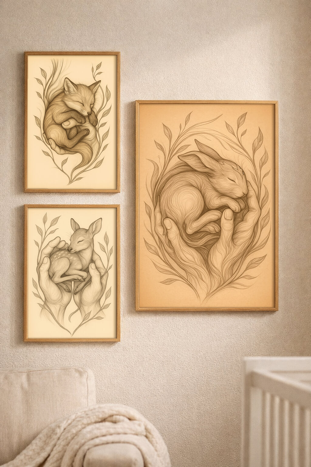 nursery wall art with 3 animal prints arranged above crib, soft neutral baby room decor idea