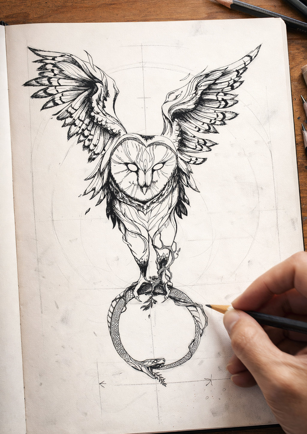 Geometric owl sketch in progress with symmetry lines and notes, spiritual animal wall art drawing process on sketchbook
