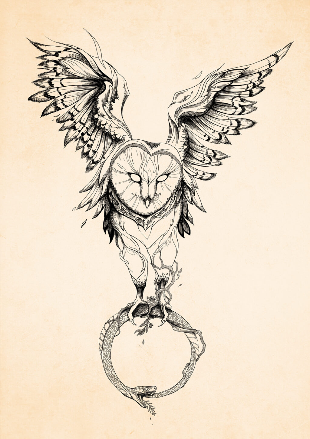 Minimal owl and ouroboros fine art print, symbolic wall art representing awareness and breaking cycles, neutral background sketch style