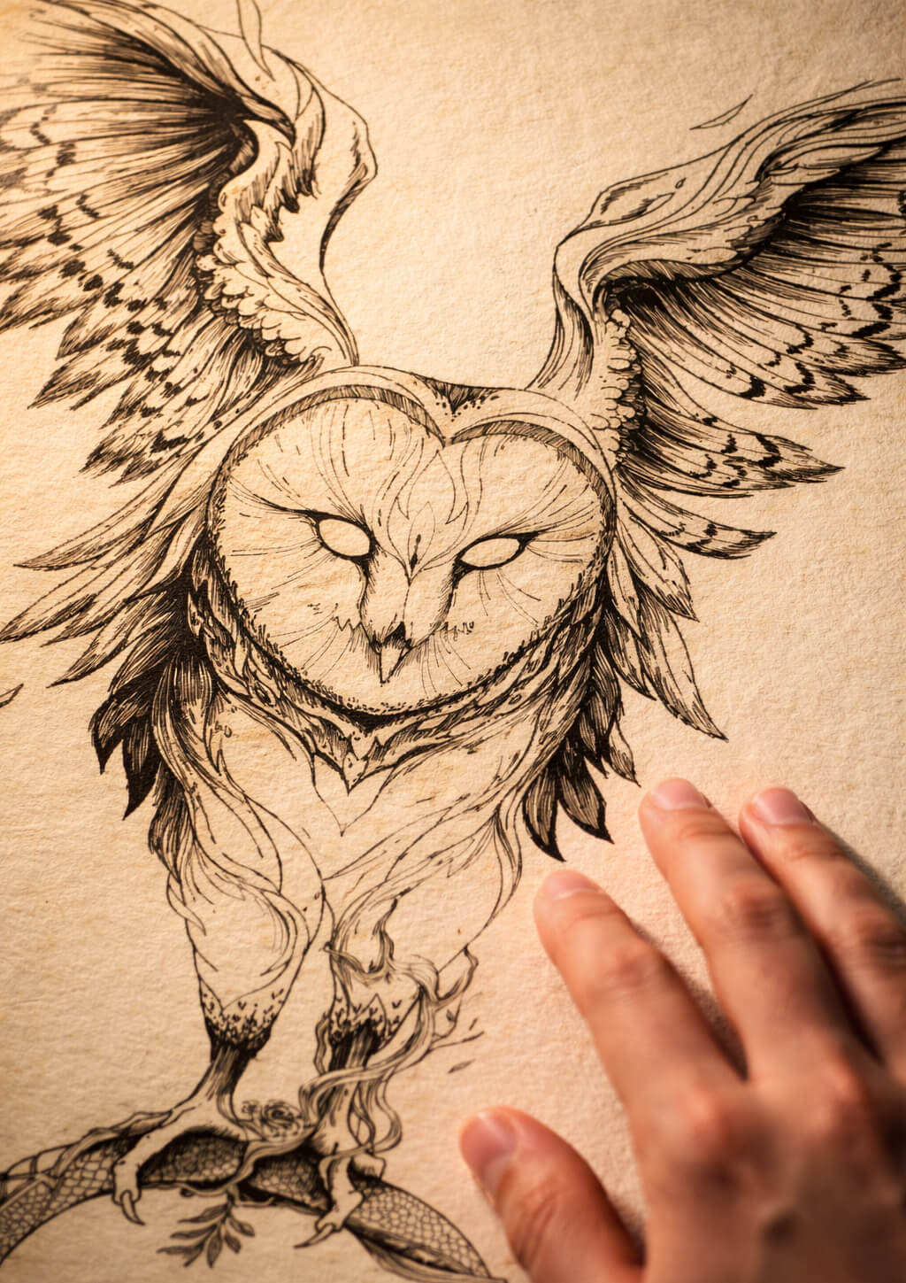 Close-up of owl fine art print with visible paper texture and hand touching surface, large scale artwork detail