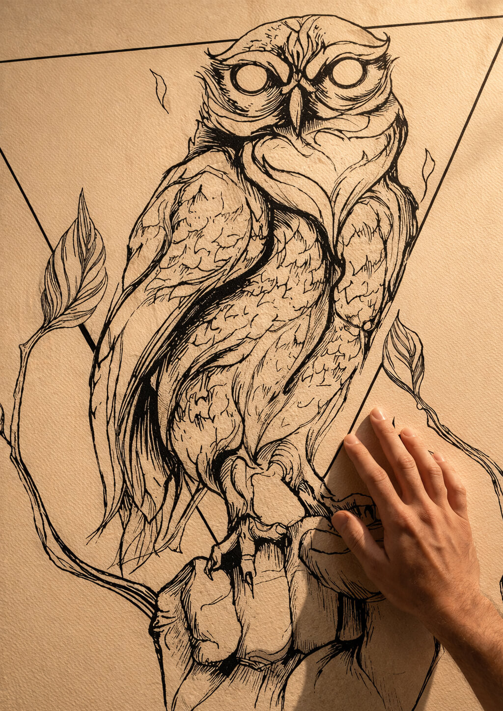 Close-up of fine art print texture with hand touching the paper, showing detail and quality of owl artwork print