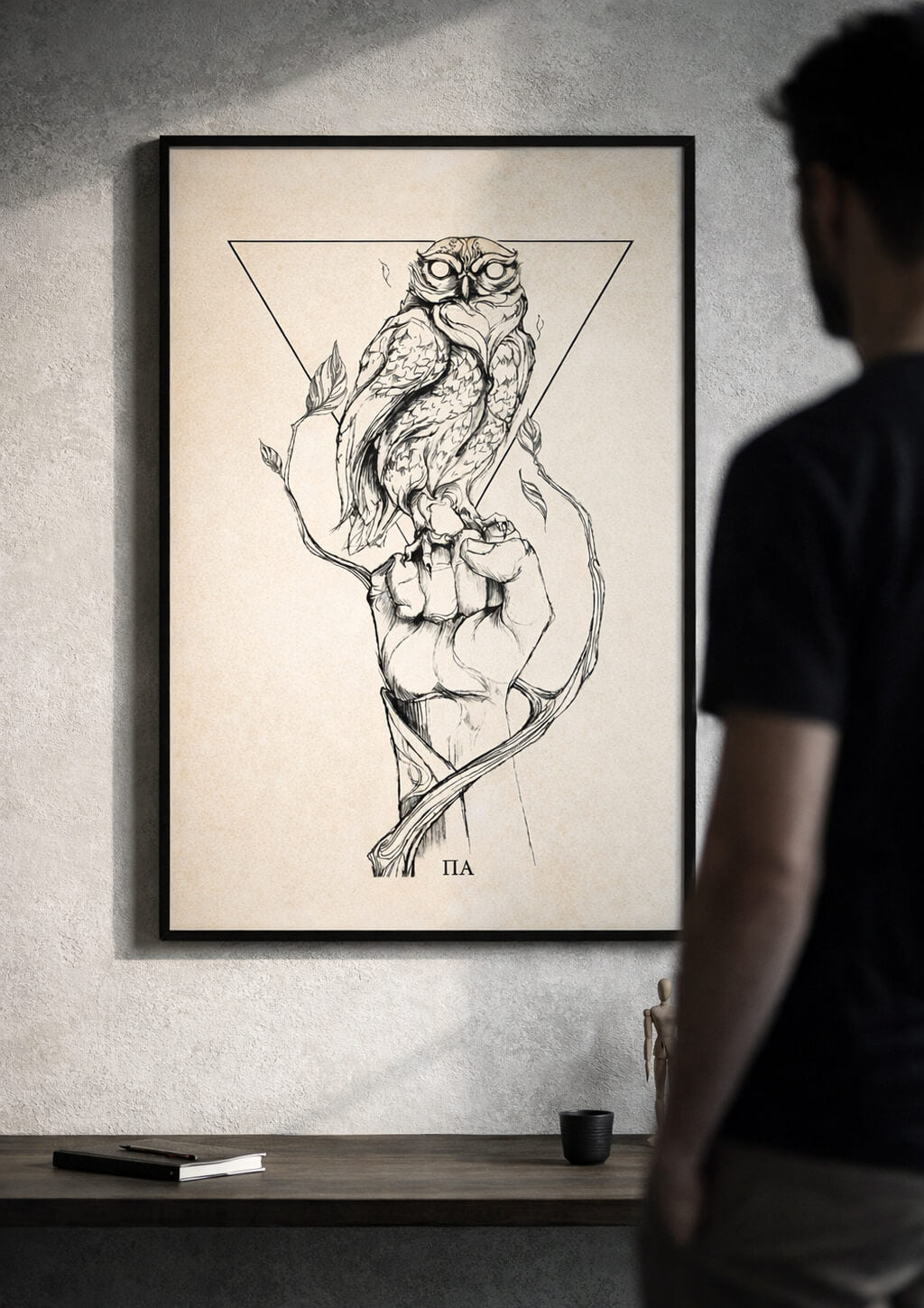 Owl wall art in modern office space, symbolic artwork representing clarity, focus and balanced energy