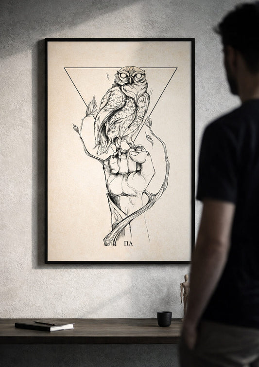 Owl wall art in modern office space, symbolic artwork representing clarity, focus and balanced energy