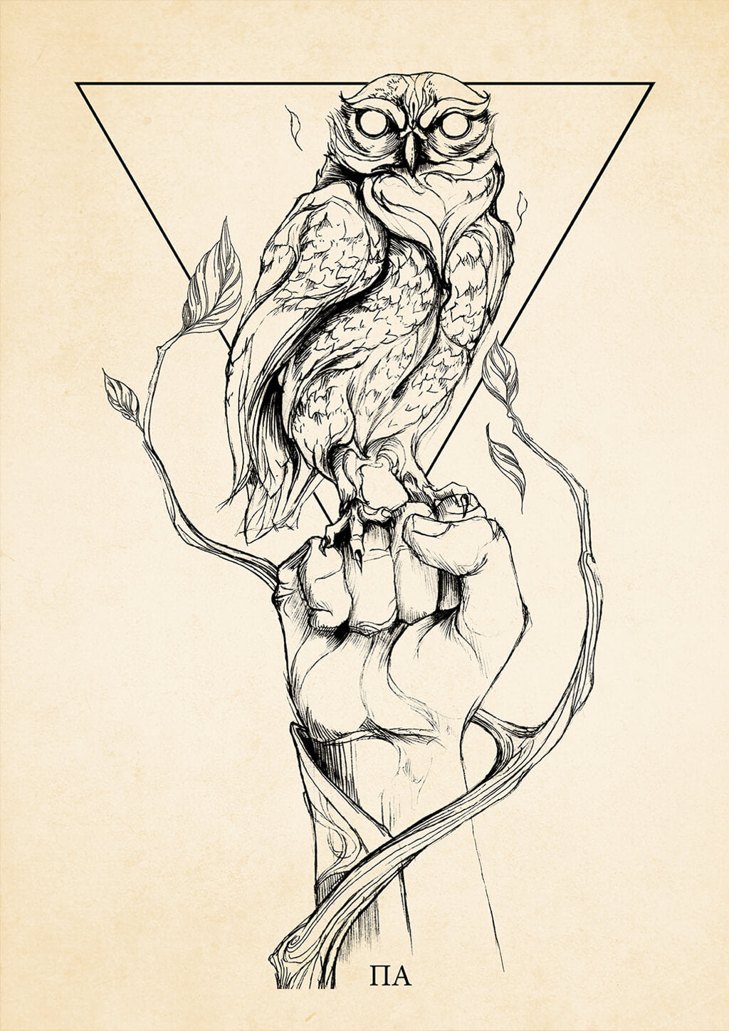 Owl symbolic sketch representing wisdom and strength, fine line art with raised fist and geometric triangle, balance between masculine and feminine energy