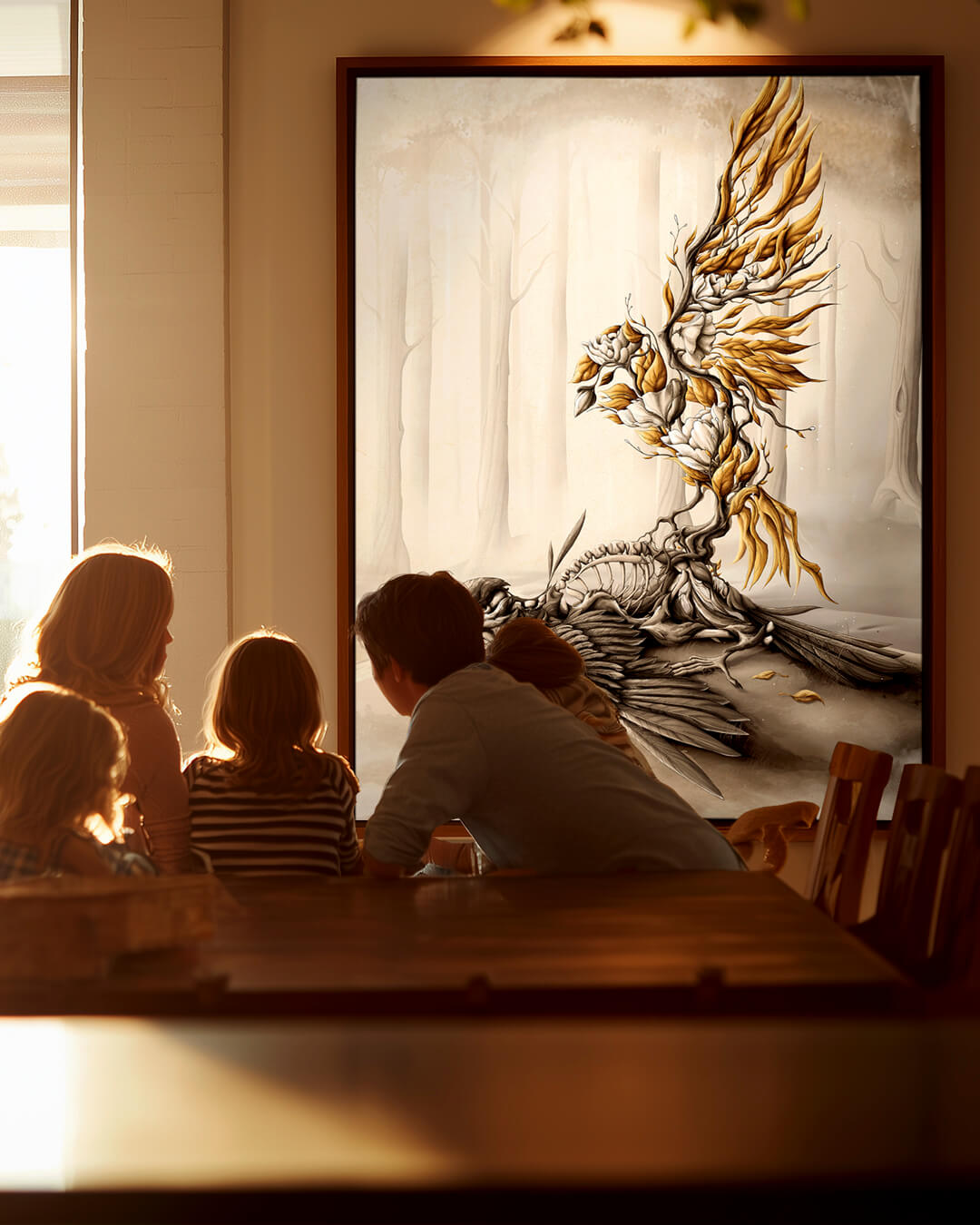Rebirth art print by Rafapasta displayed in a kitchen where a family is having dinner, contemporary artwork symbolizing rebirth and emotional home decor.