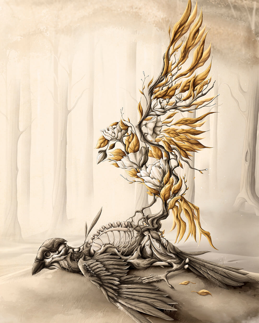 Rebirth illustration by Rafapasta symbolizing the transformation from death to life, an emotional contemporary art print about rebirth and renewal