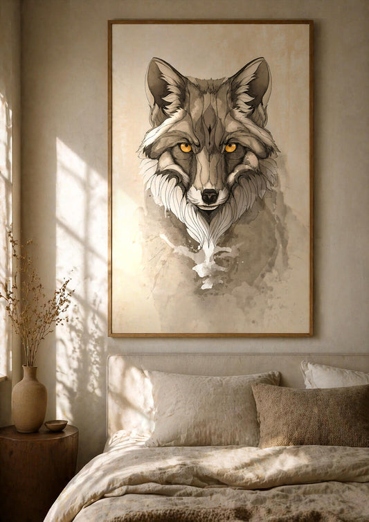 Red fox wall art in calm bedroom above bed, large framed animal print creating warm and peaceful space