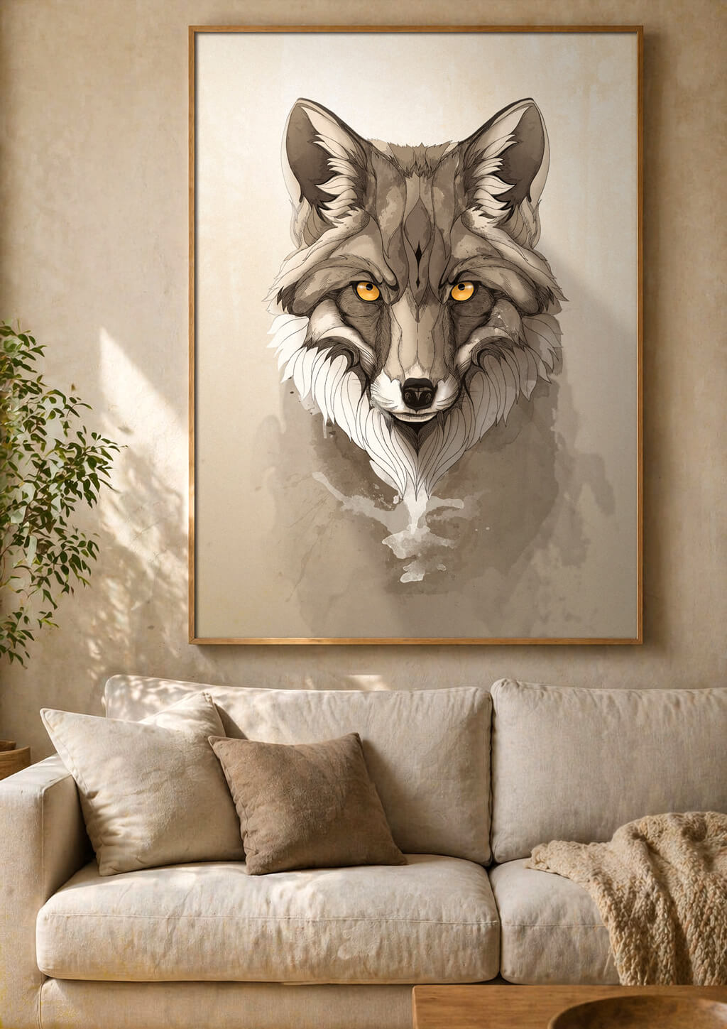 Red fox wall art in modern living room above sofa, large framed animal art print in warm neutral home decor