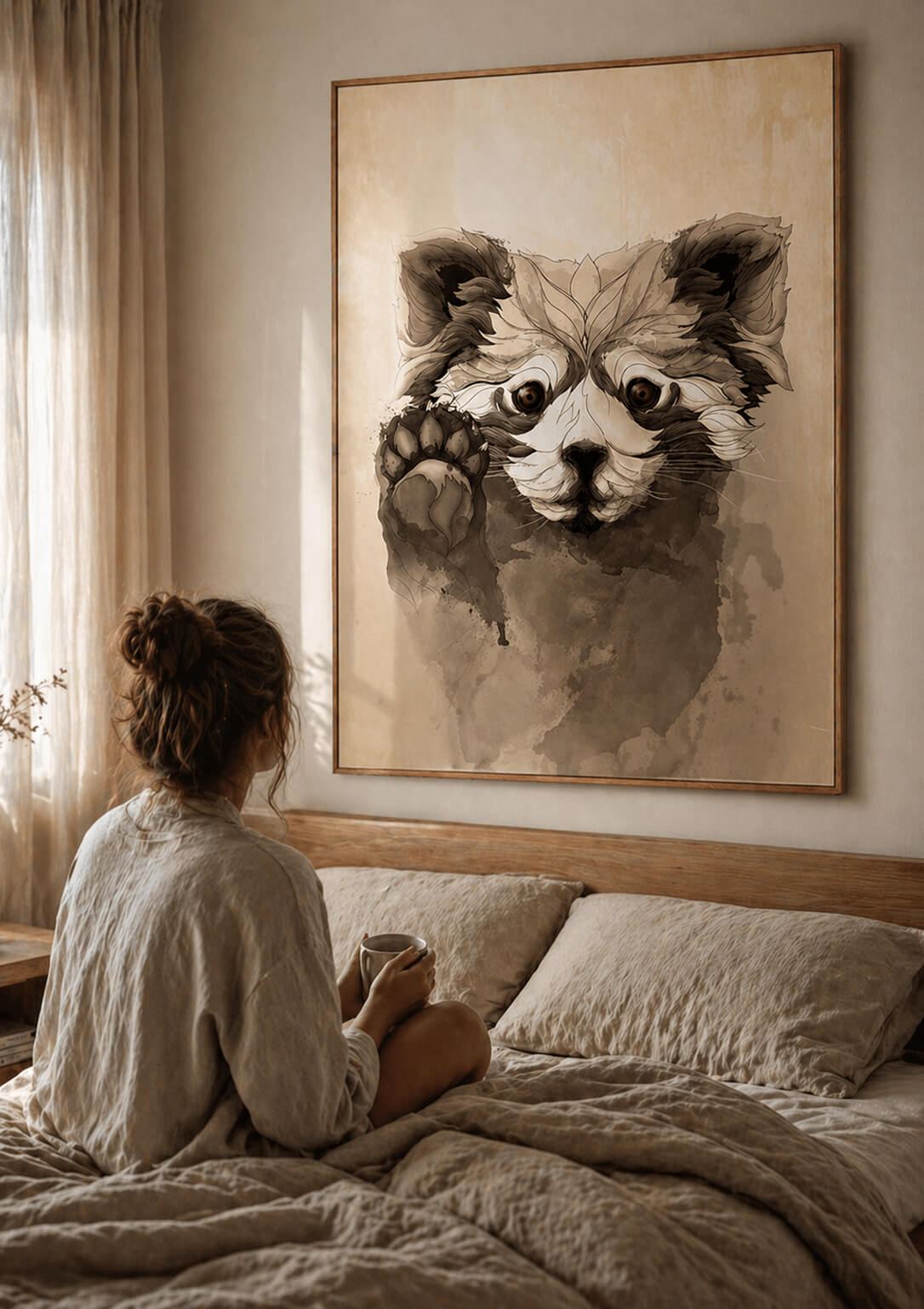 large red panda wall art above bed in warm neutral bedroom, woman sitting with coffee, beige linen bedding, modern cozy home decor
