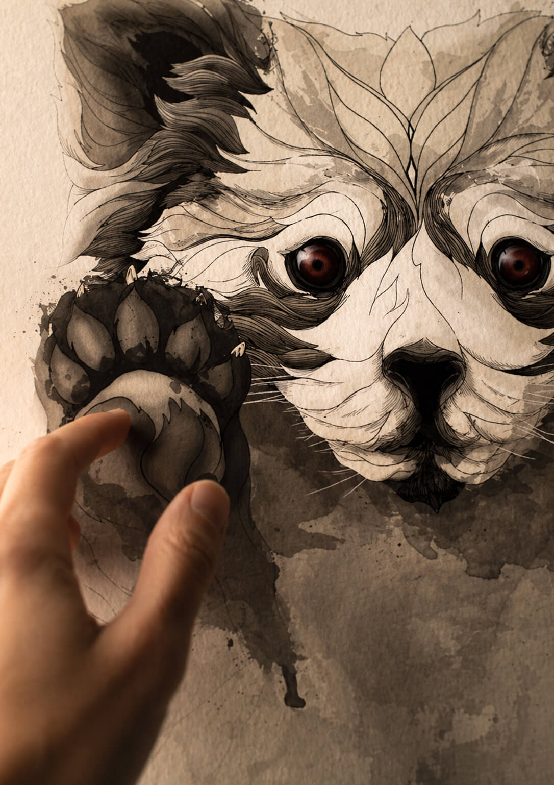close up of red panda art print with hand touching surface, fine art paper texture, detailed animal wall art, emotional connection