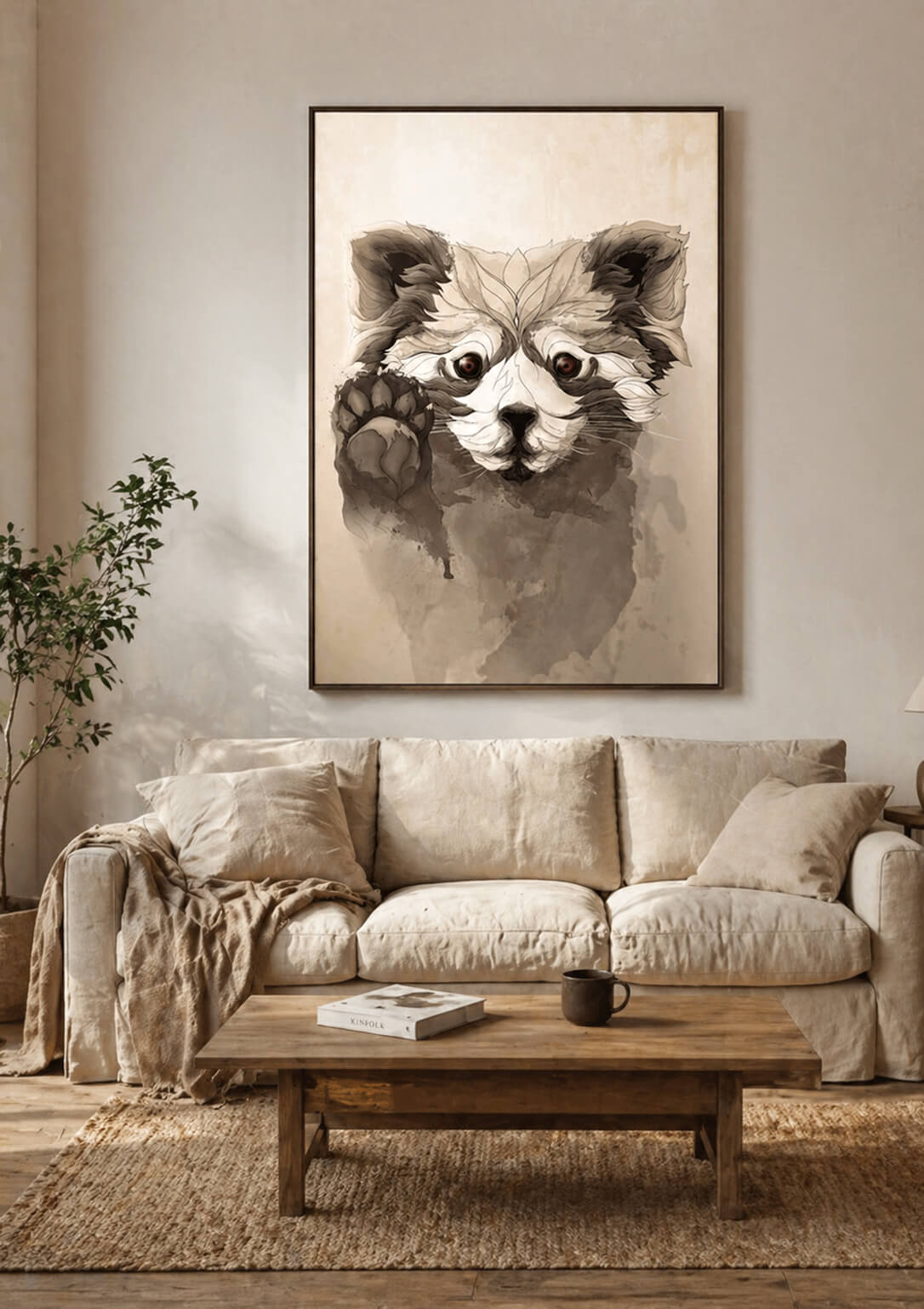 large red panda wall art above sofa in modern living room, neutral tones, beige couch, cozy minimal home decor