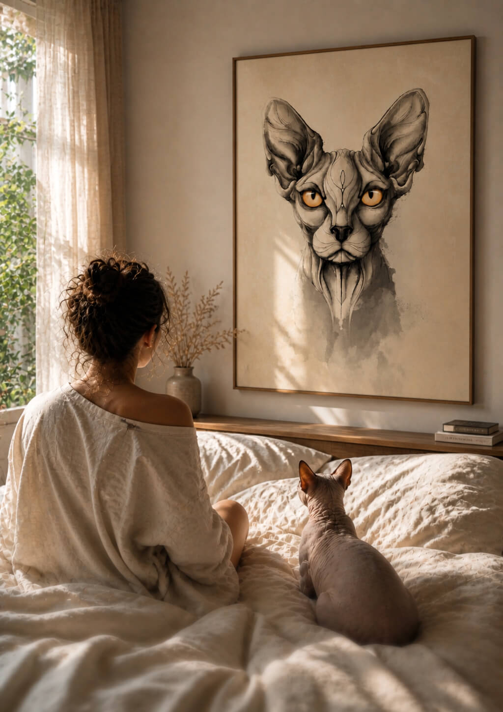 Sphynx cat wall art print in warm bedroom interior with real sphynx cat on bed, large modern neutral home decor