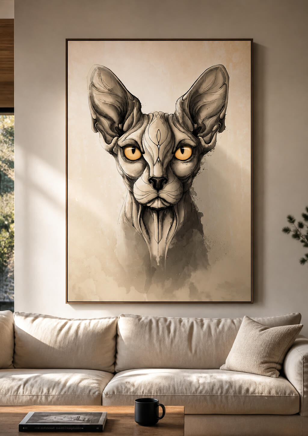 large sphynx wall art above sofa in modern living room, neutral tones minimalist cat artwork