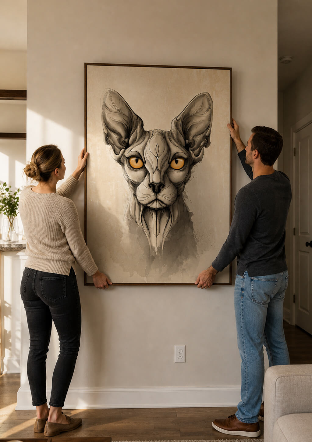 large sphynx wall art print being hung by couple, real A0 size scale comparison in modern neutral home