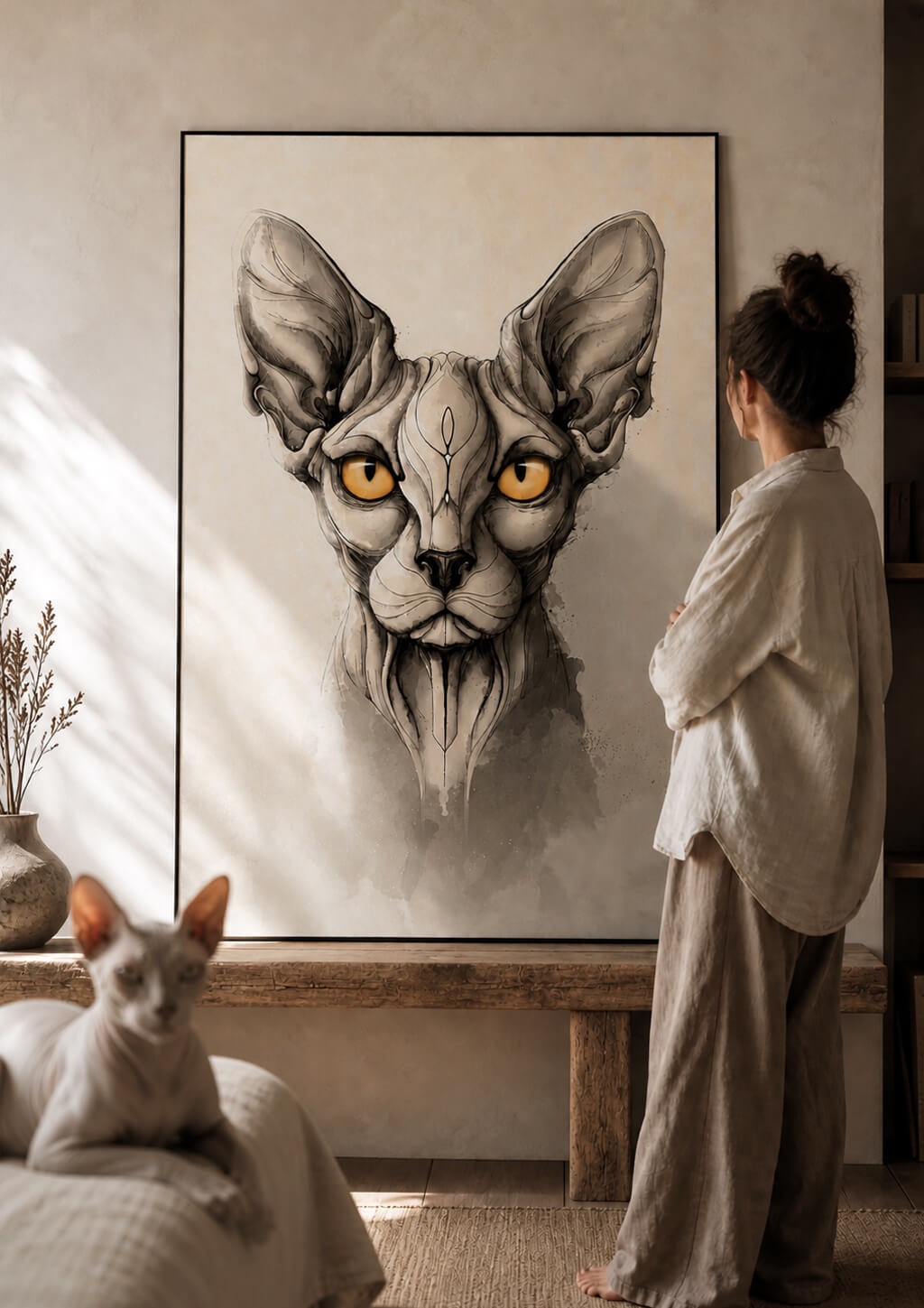 large sphynx cat wall art print in minimalist interior with woman observing artwork, modern neutral decor