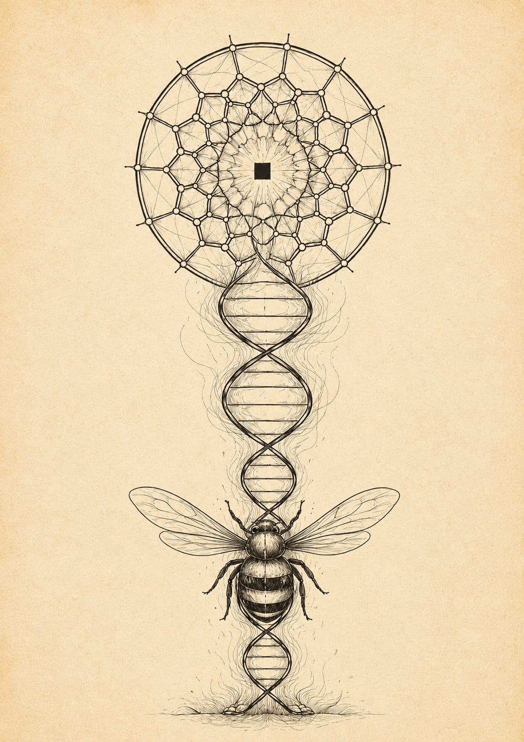 The Architecture of Life bee DNA wall art print on textured cream paper, symbolic nature artwork by Rafapasta