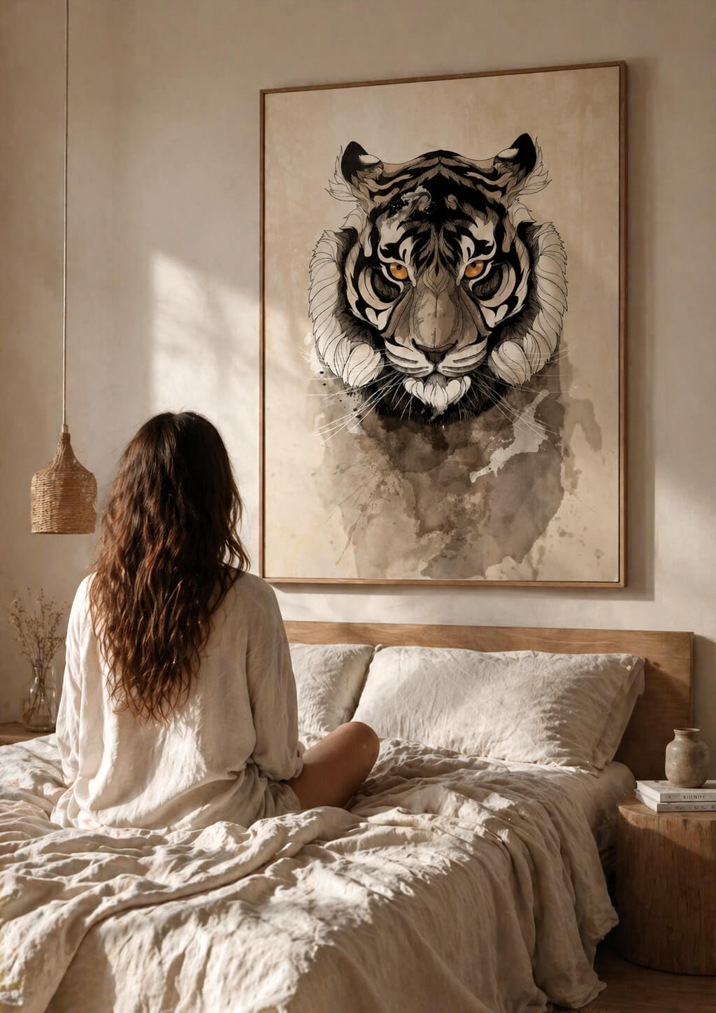 large tiger wall art above bed in warm neutral bedroom, beige linen bedding, calm modern home decor