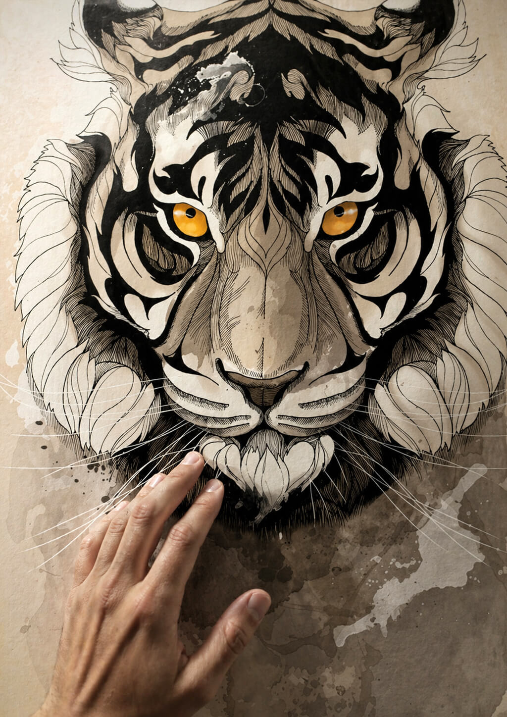 close up of tiger art print with hand touching surface, fine art paper texture, detailed animal wall art