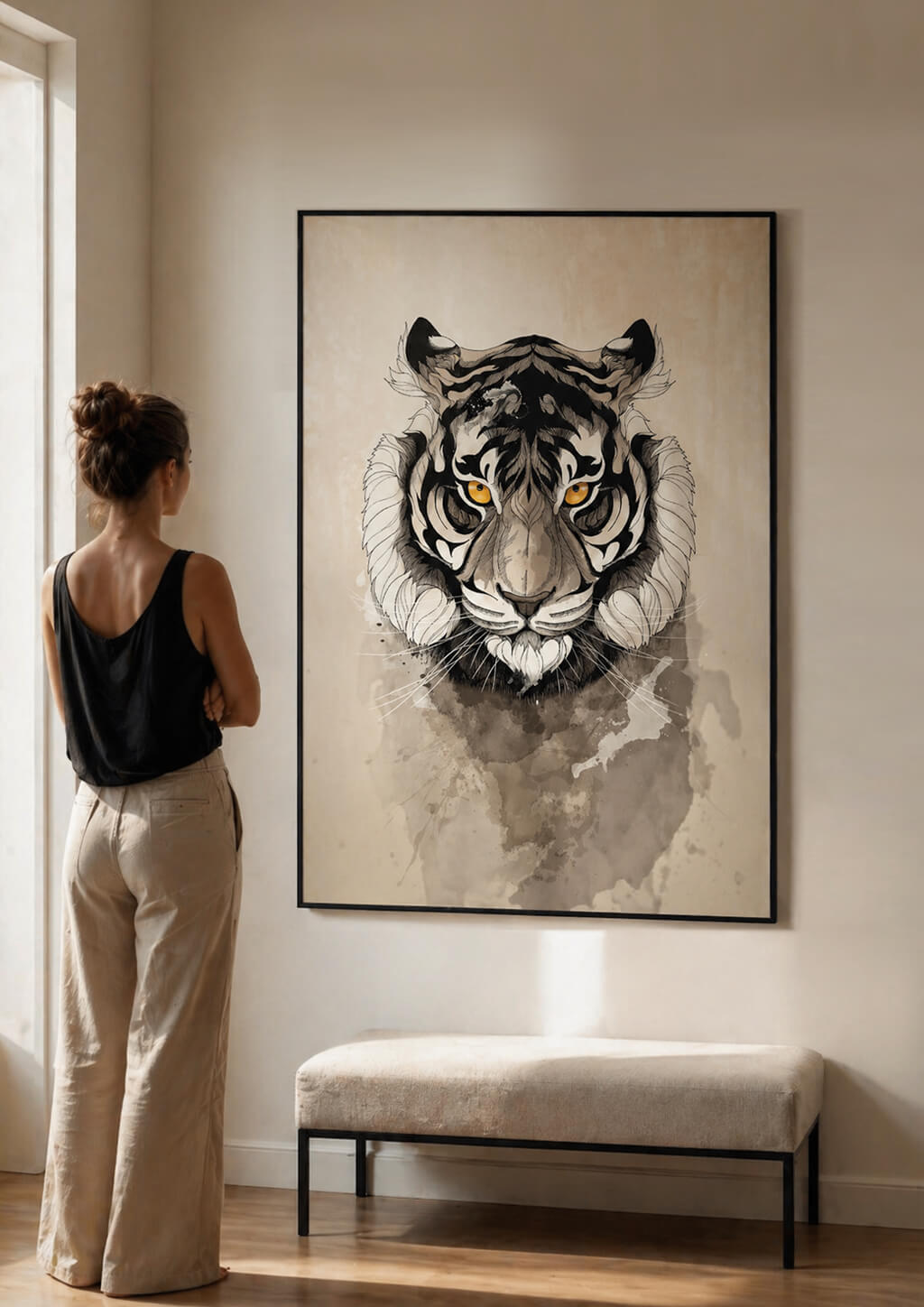 large tiger wall art in modern neutral interior with person looking at artwork, minimal warm decor, statement piece