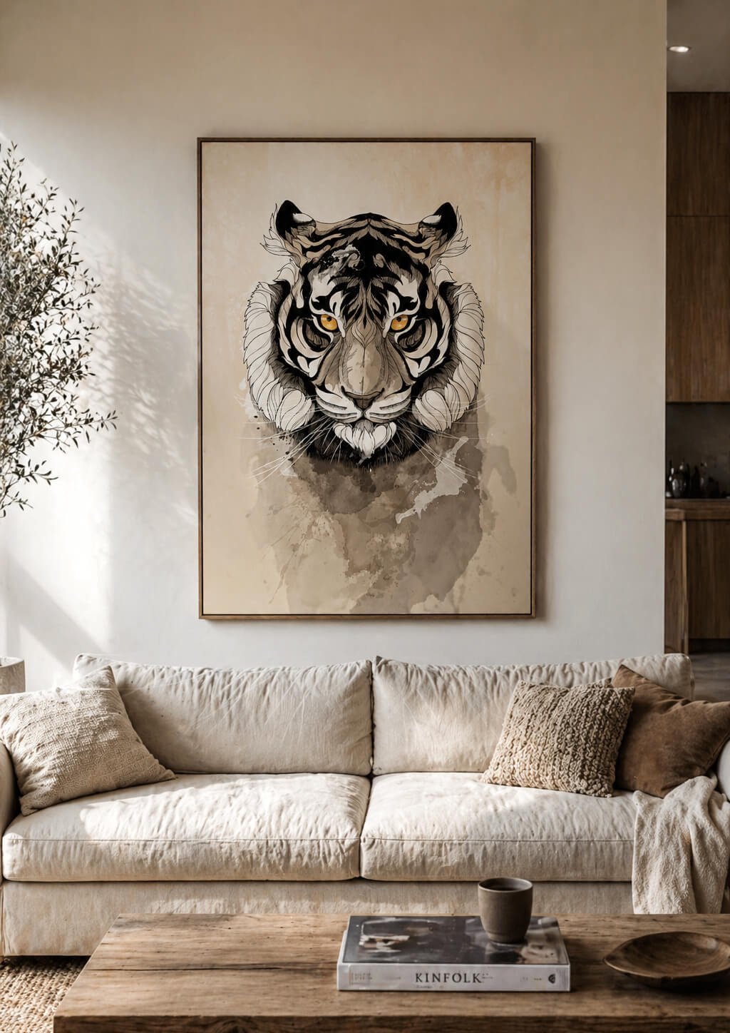 large tiger wall art above sofa in modern living room, beige couch, neutral tones, cozy home decor