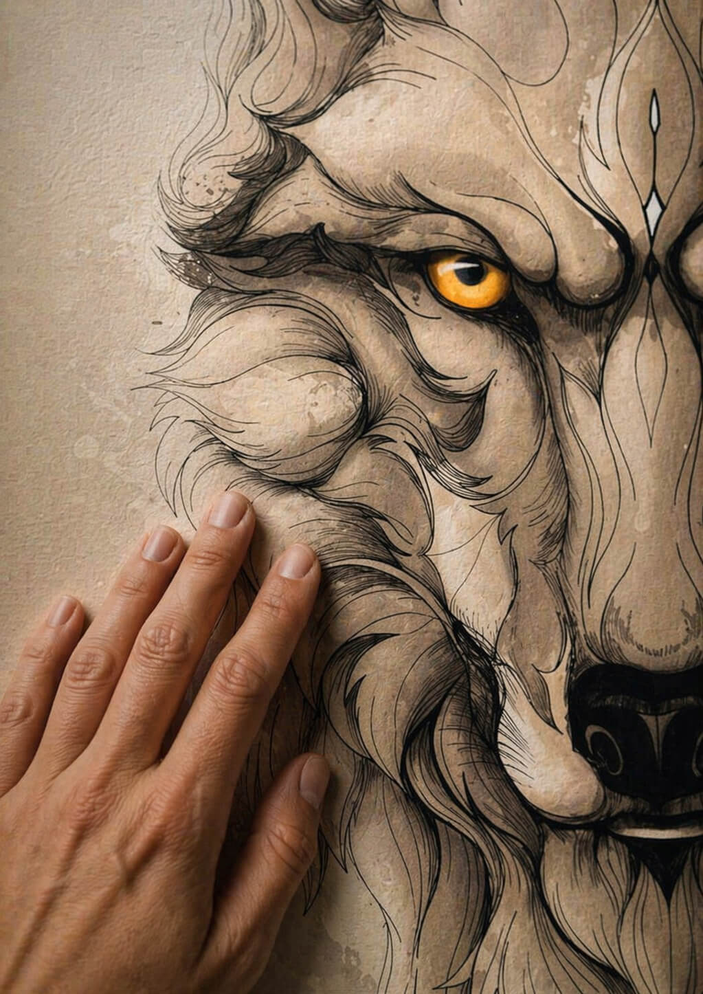 Close up of wolf art print texture with hand touching fine art paper, detailed line drawing, premium wall art quality