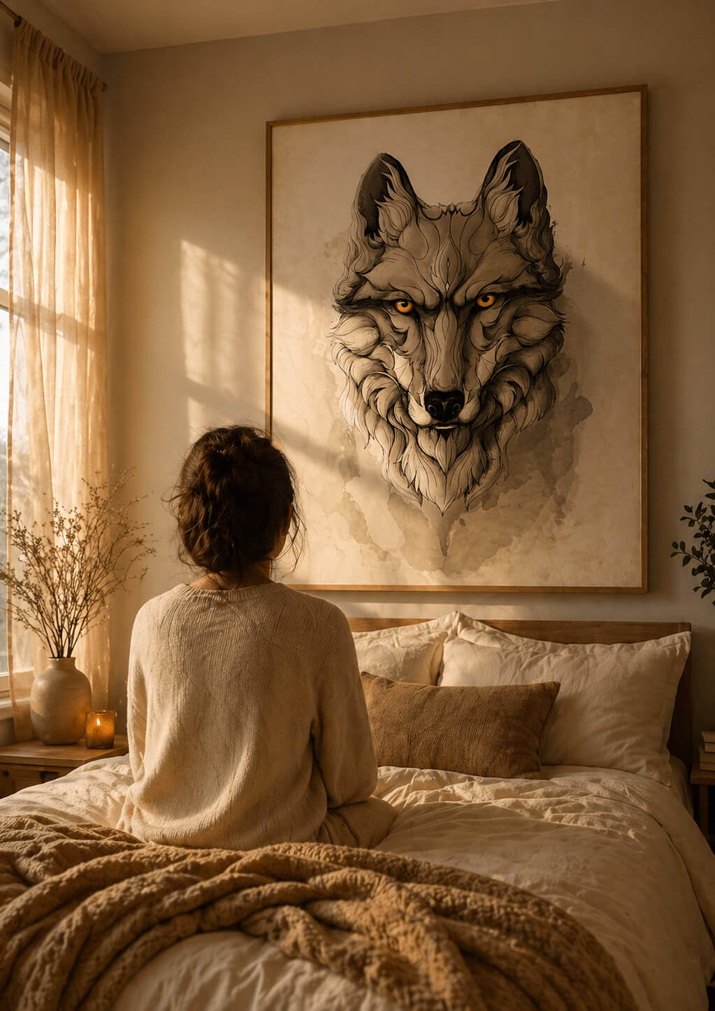 Large wolf wall art above bed in calm neutral bedroom, cozy warm light interior, woman sitting and looking at framed wolf print, peaceful modern home decor
