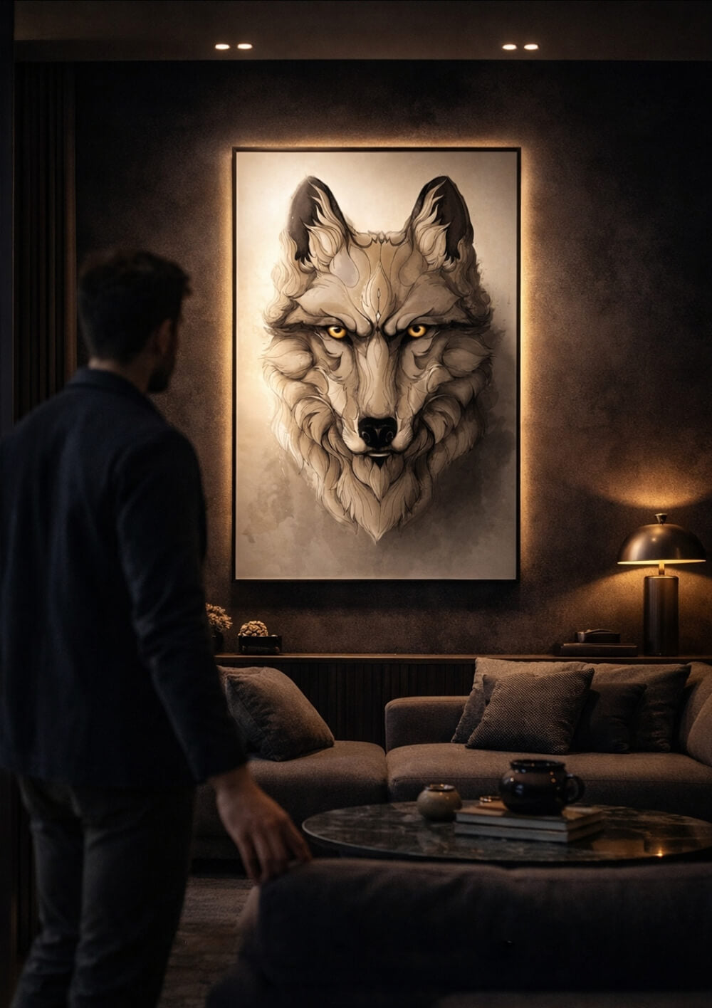 Large wolf wall art print in luxury living room, framed fine art animal print above sofa, modern neutral interior decor